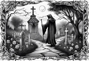 grim reaper walking cemetery tattoo idea