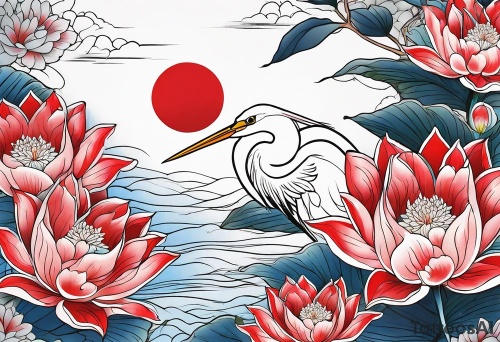 Egret and red lotuses tattoo idea