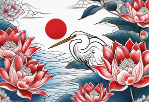 Egret and red lotuses tattoo idea
