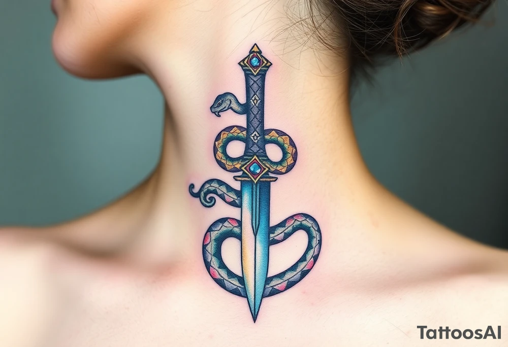mystical snake coiled around an ancient dagger with jeweled hilt tattoo idea
