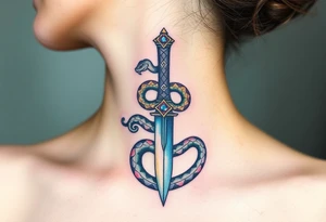 mystical snake coiled around an ancient dagger with jeweled hilt tattoo idea