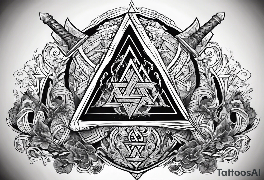 Valhalla sword shield axe Valknut fire tattoo idea