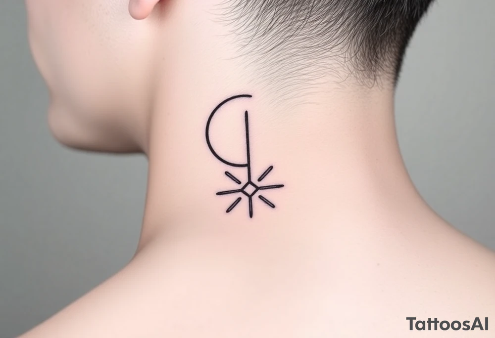 A minimalist crescent moon neck tattoo positioned just behind the ear. The crescent moon is thin and curves to the left. A sharp vertical line extends downward from the inner curve of the moon, intersecting with a symmetrical starburst shape at the center of the line. The starburst has four points — the top and bottom points are elongated, while the horizontal points are shorter, giving it a sleek and modern look. The design features clean, thin lines with a slightly hand-drawn feel, combining celestial and geometric elements. The tattoo follows the natural curve of the neck, giving it an elegant and balanced appearance. tattoo idea