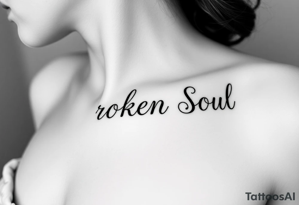 Broken Soul, wrote in fancy thin lined cursive writing, to be placed on the side of breast tattoo idea