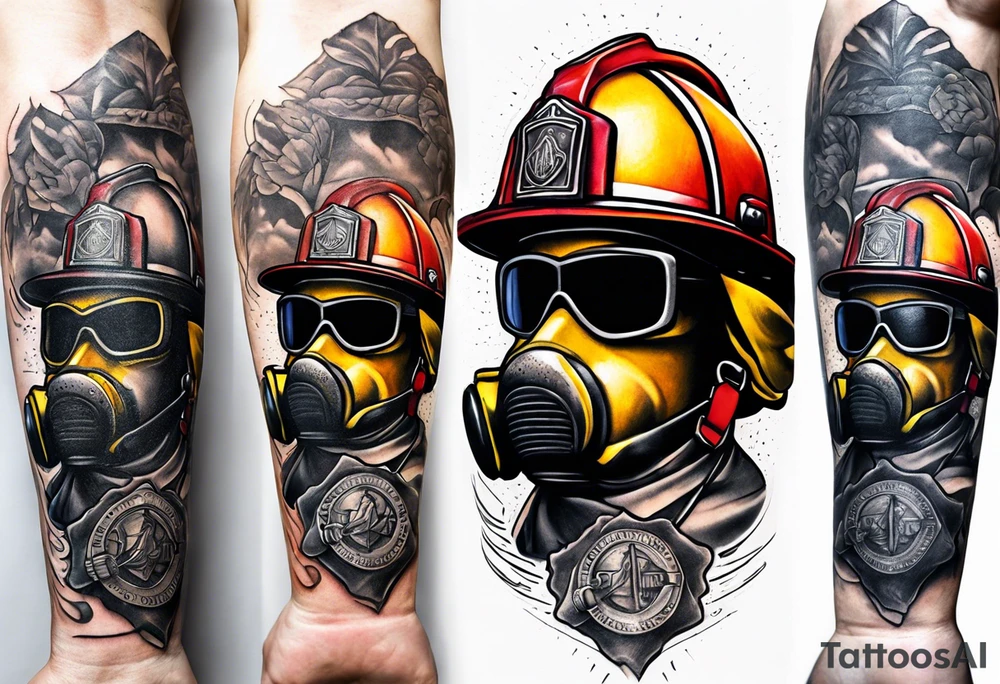 A forearm tattoo that includes firefighter tools and a firefighter helmet tattoo idea