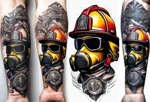 A forearm tattoo that includes firefighter tools and a firefighter helmet tattoo idea