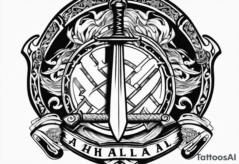 Valhalla shield sword stairs fire tattoo idea