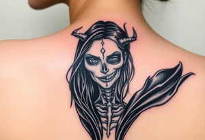 A chilling Hel, the half-dead Norse goddess of the underworld, her face split between lifelike beauty and skeletal darkness, draped in a tattered black cloak tattoo idea