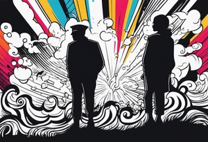 2 black shadows of people standing over 2 dead siloets tattoo idea