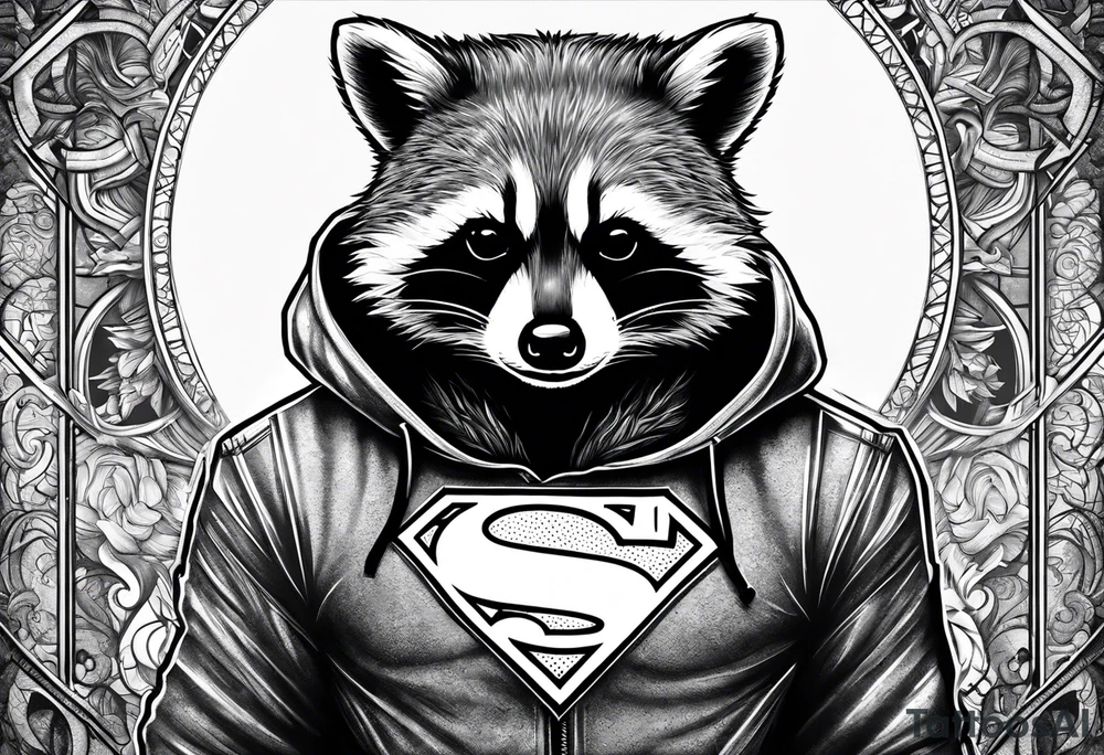 raccoon wearing a Superman hoodie tattoo idea