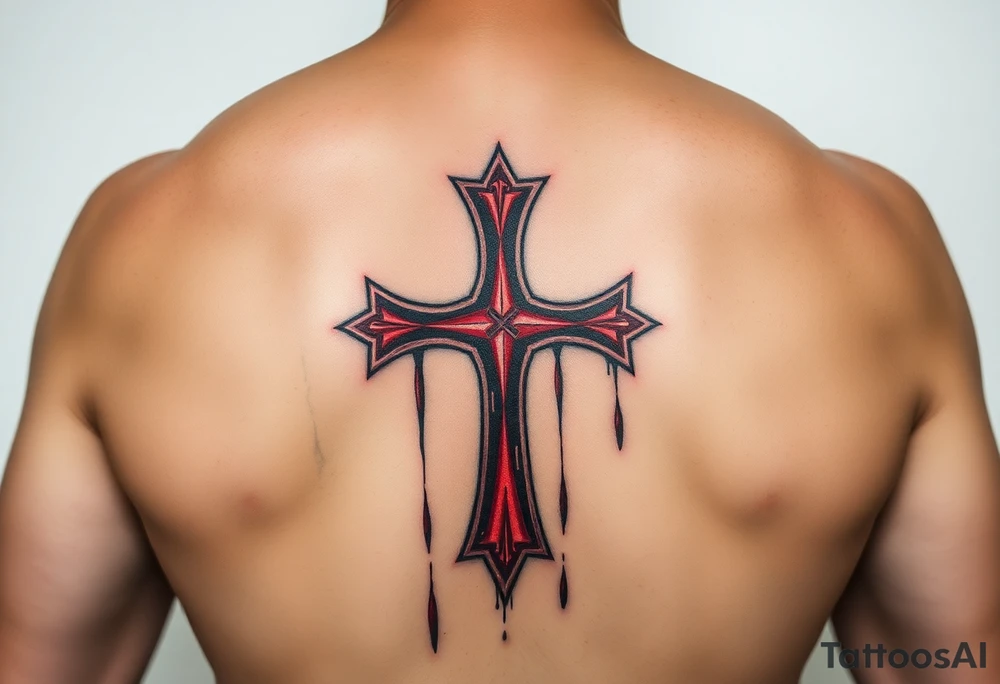 A red Templar cross dripping with rain on a battle-scarred shield, evoking a sense of perseverance tattoo idea