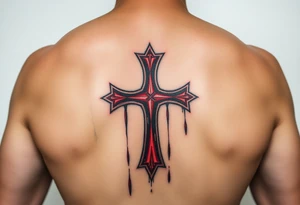 A red Templar cross dripping with rain on a battle-scarred shield, evoking a sense of perseverance tattoo idea