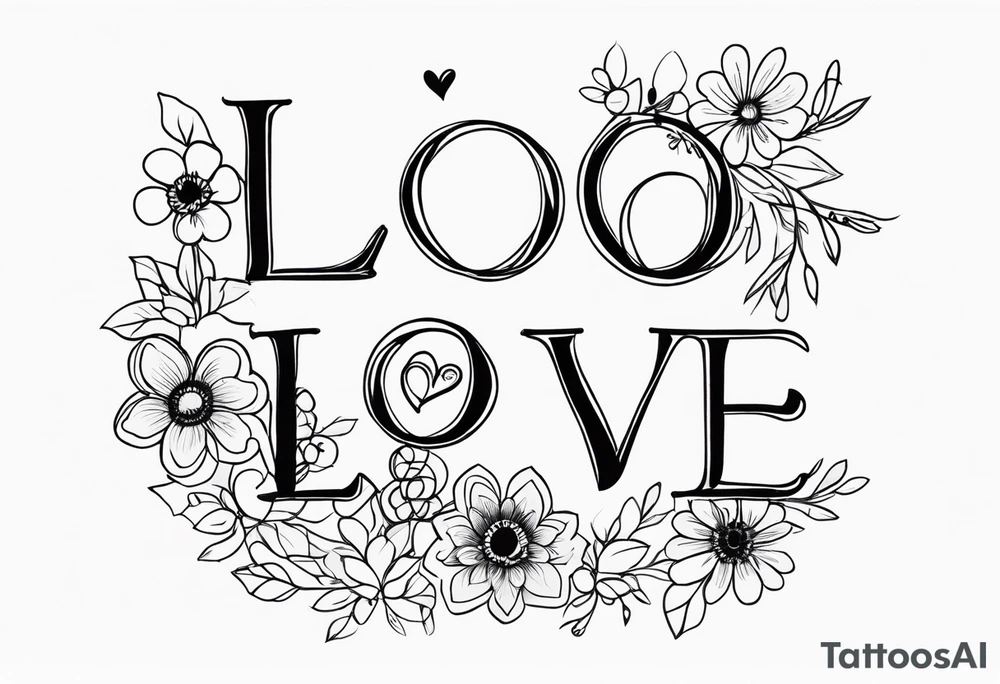 cursive lowercase word love making the o in love a dog paw print and entwine a 3 wild flowers in the word love tattoo idea