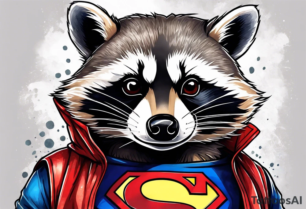 raccoon wearing a Superman hoodie tattoo idea