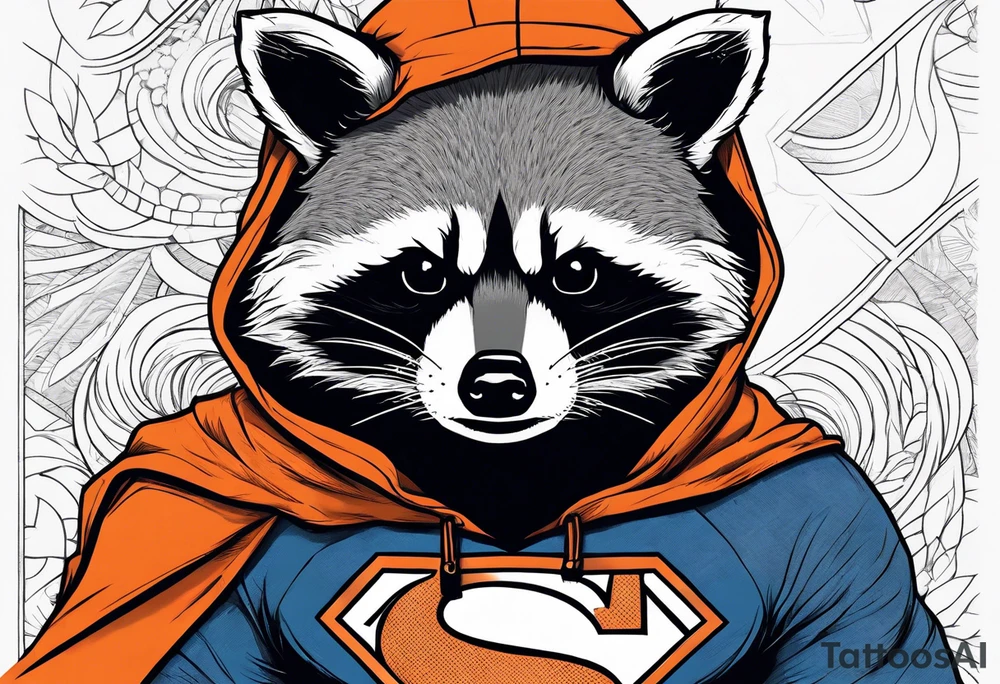 Raccoon wearing an orange Superman hoodie tattoo idea
