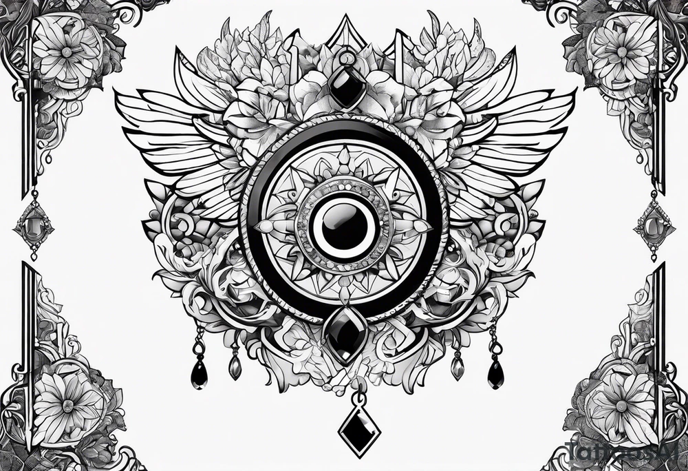 chest piece tattoo with jewelry tattoo idea