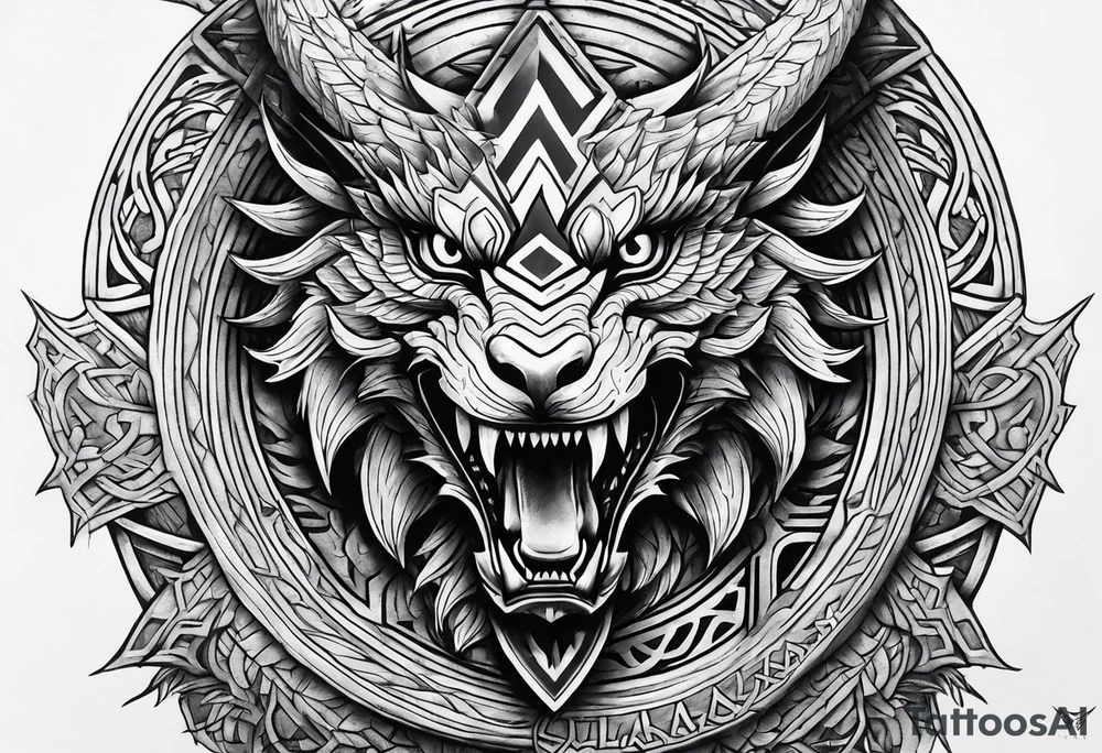Valhalla sword shield dragon axe Valknut steps tattoo idea