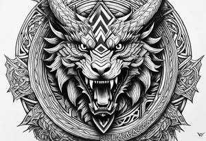 Valhalla sword shield dragon axe Valknut steps tattoo idea