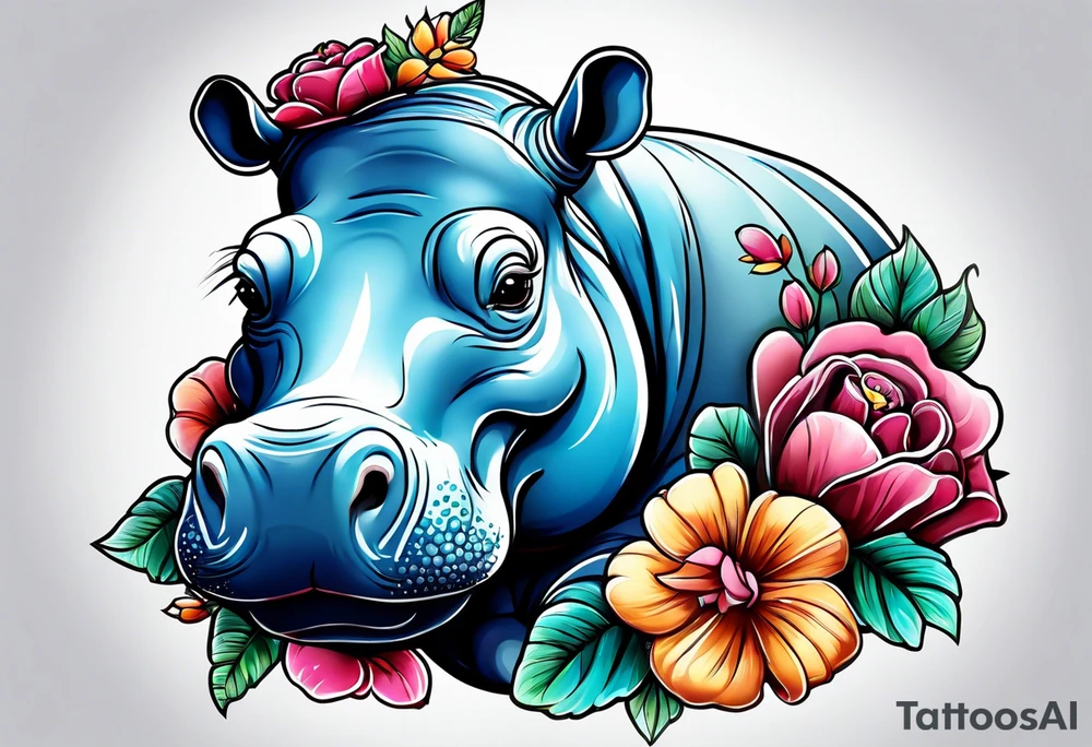 cute hippo with flowers tattoo idea