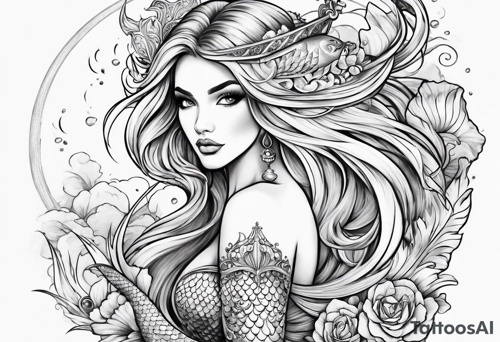 magical mermaid with long fan tail tattoo idea