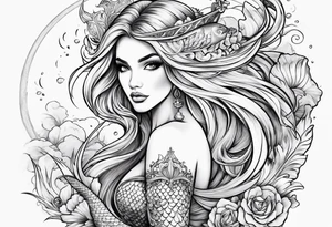 magical mermaid with long fan tail tattoo idea