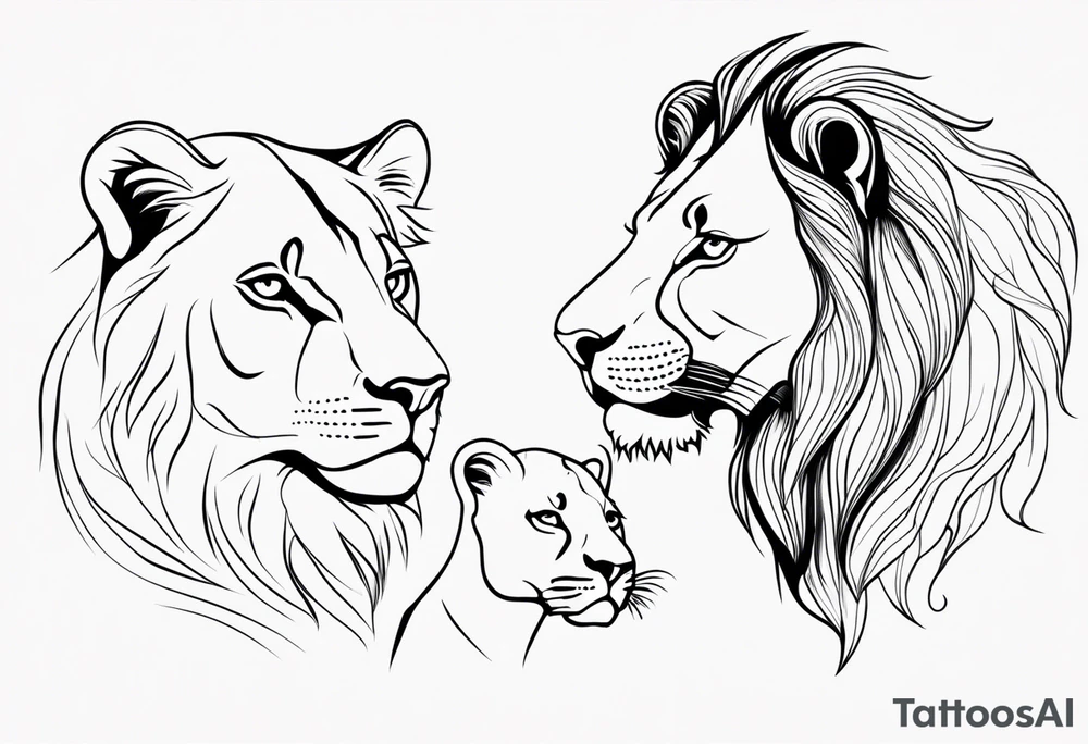 Moitie Visage lion avec son bebe lionne avec trait super fin entouré d'un cœur tattoo idea
