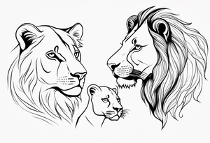 Moitie Visage lion avec son bebe lionne avec trait super fin entouré d'un cœur tattoo idea