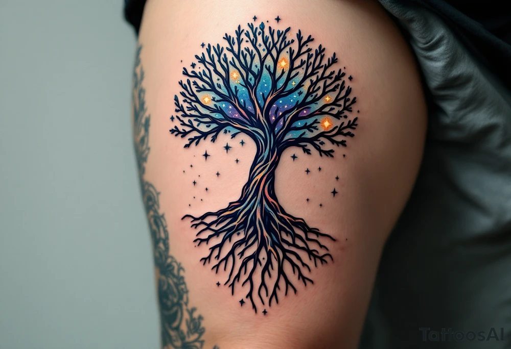 mystical tree of life with cosmic roots and celestial branches tattoo idea