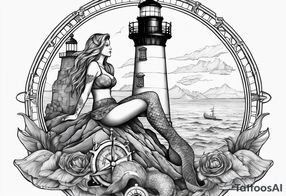 Mermaid sitting on a lighthouse’s rock, vessel, a compass, a nautical chart tattoo idea