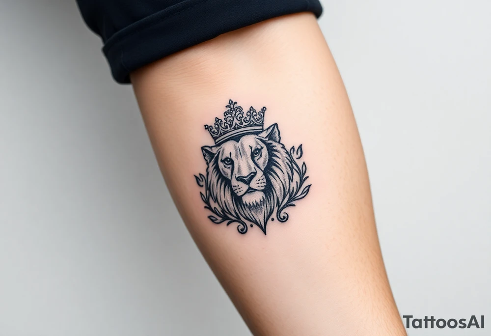 majestic lion wearing ornate crown, surrounded by baroque flourishes tattoo idea