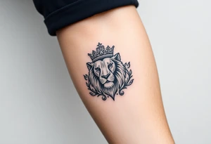 majestic lion wearing ornate crown, surrounded by baroque flourishes tattoo idea