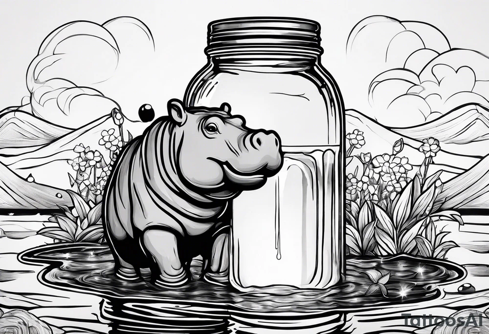Hippo floating in a Mason jar filled with water tattoo idea