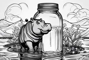 Hippo floating in a Mason jar filled with water tattoo idea