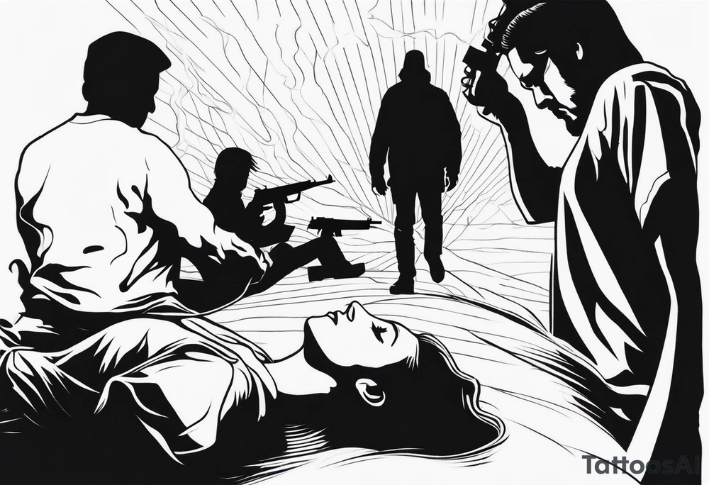 In the reflection of a eye two black siloets of people holding guns one man dead on the ground with a wounded woman standing behind him tattoo idea