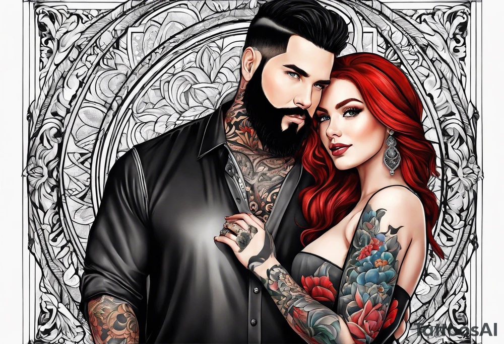 Busty red haired woman with a bearded man who has black hair tattoo idea