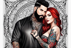 Busty red haired woman with a bearded man who has black hair tattoo idea