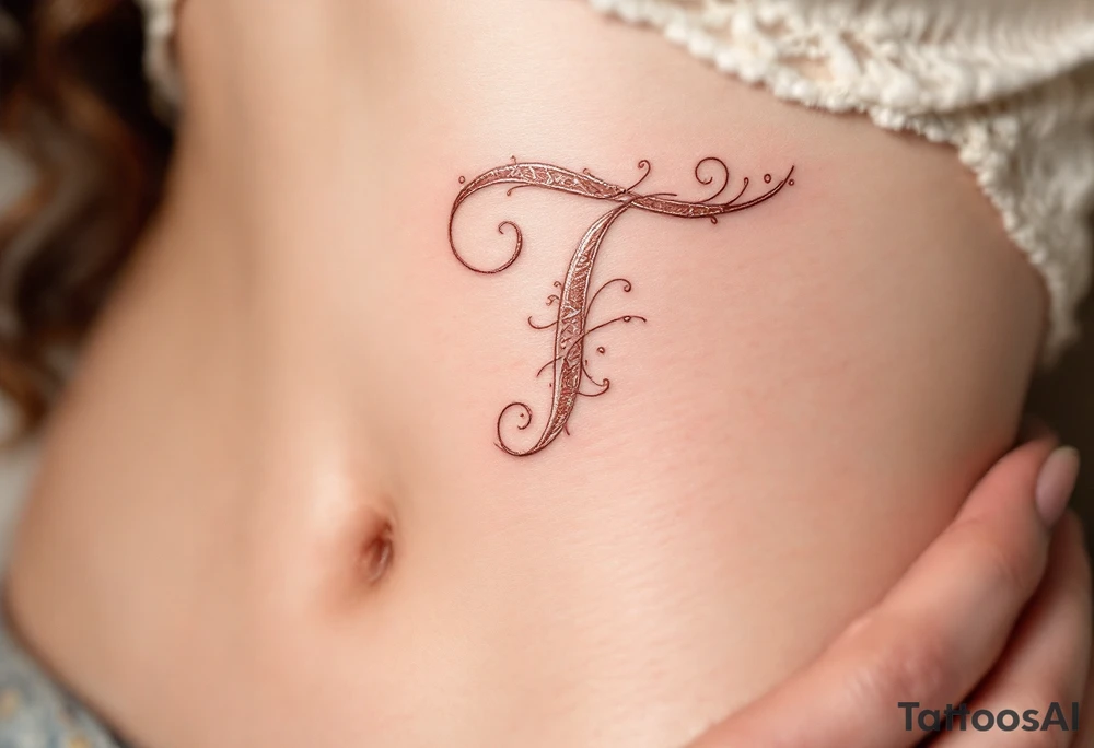 A delicate cursive "T" in rose gold ink with fine ornamental swirls. tattoo idea