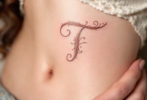 A delicate cursive "T" in rose gold ink with fine ornamental swirls. tattoo idea