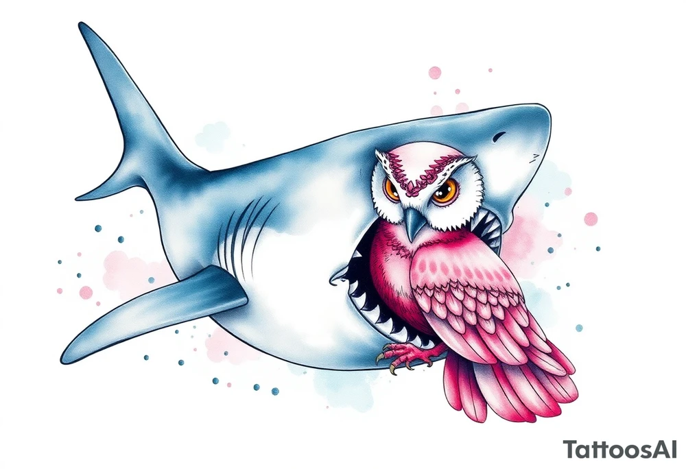 Hammerhead shark eating a pink owl tattoo idea
