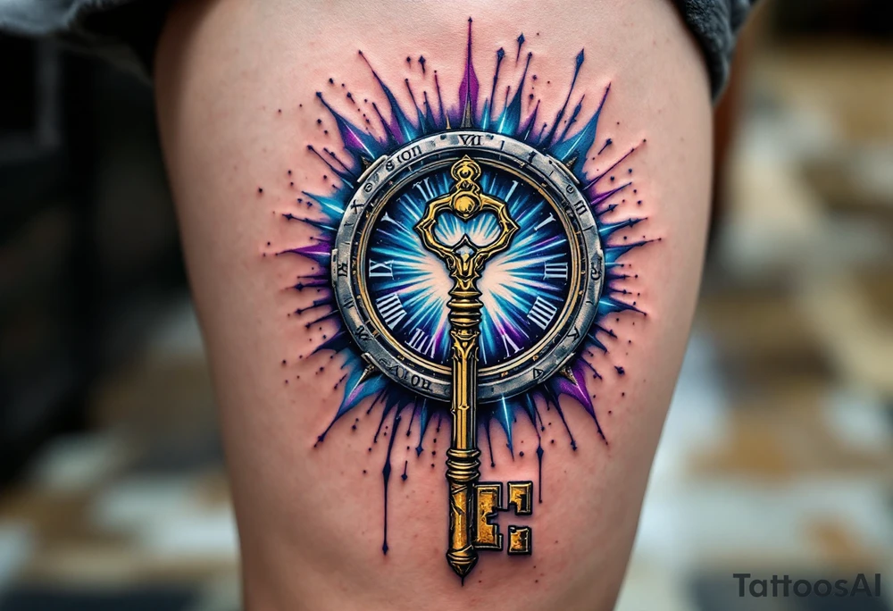 A skeleton key inserted into an antique clock, unlocking a radiant burst of blue and purple energy, symbolizing fate and destiny. tattoo idea