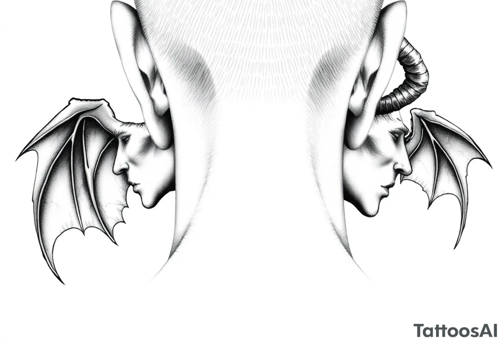 position behind the neck Angel (on the right) whispering in the right ear, demon (on the left) whispering in the left ear. It must be as realistic as possible. tattoo idea