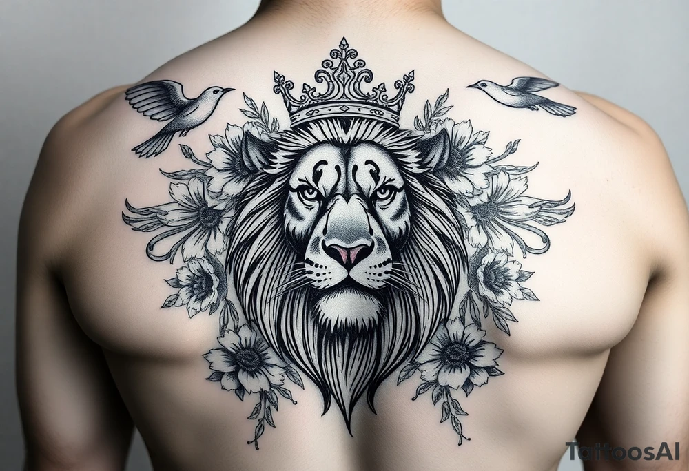 powerful majestic lion with a crown, surrounded by floral ornaments and birds tattoo idea