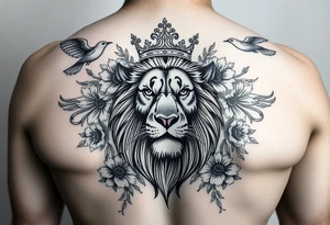 powerful majestic lion with a crown, surrounded by floral ornaments and birds tattoo idea