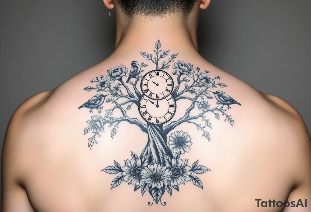 tree of life with clock, flowers,  surrounded by floral ornaments and birds tattoo idea