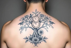 tree of life with clock, flowers,  surrounded by floral ornaments and birds tattoo idea