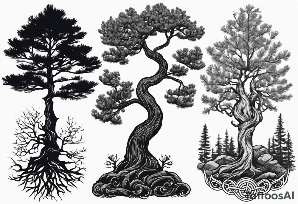 Pine tree and a juniper tree on the oposite sides.  roots of both trees are entangeled in celtic trinity sign tattoo idea