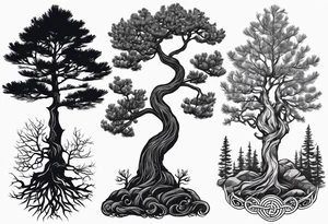 Pine tree and a juniper tree on the oposite sides.  roots of both trees are entangeled in celtic trinity sign tattoo idea