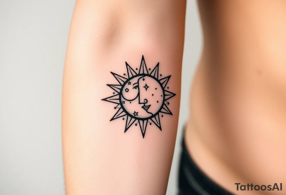 sun and moon embrace with constellation patterns tattoo idea