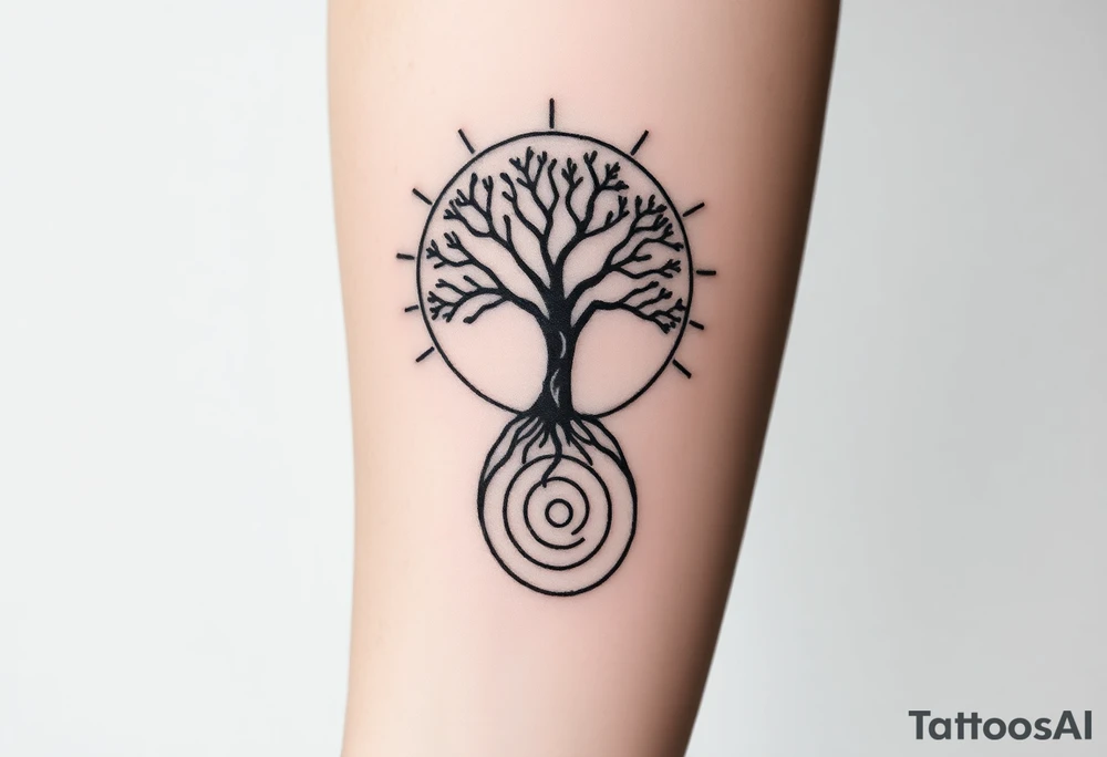 Tree inside of sun, spiral circle roots. A spiral line moving to the right tattoo idea