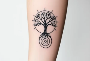 Tree inside of sun, spiral circle roots. A spiral line moving to the right tattoo idea